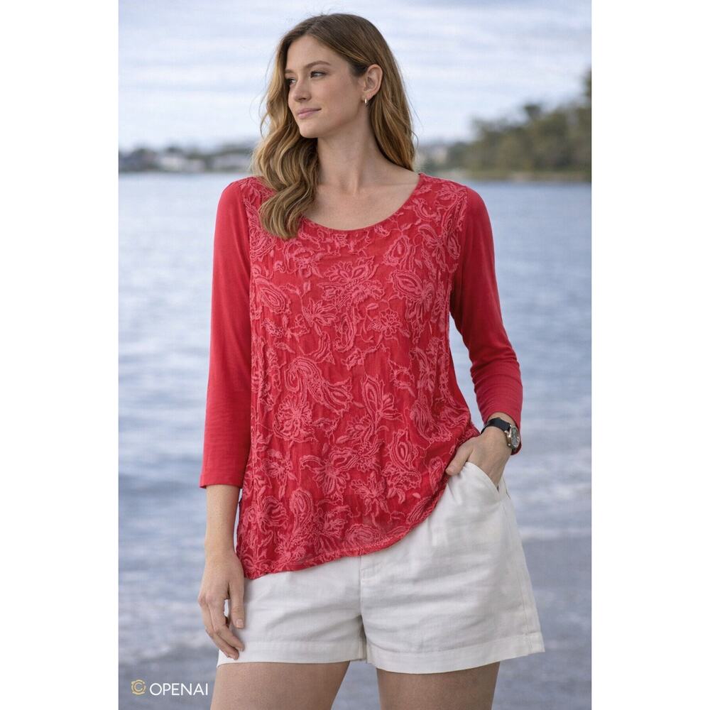 Soft Surroundings 100% Silk Embroidered Top Red Paisley Tunic Blouse Medium
